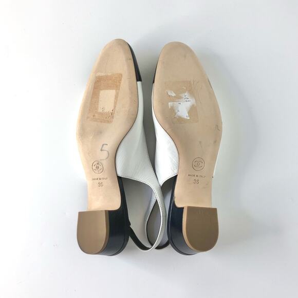 NEW Chanel Calfskin CC Logo Cap Toe White Dark Navy Slingback Low Heel Pumps 36 - Picture 9 of 11